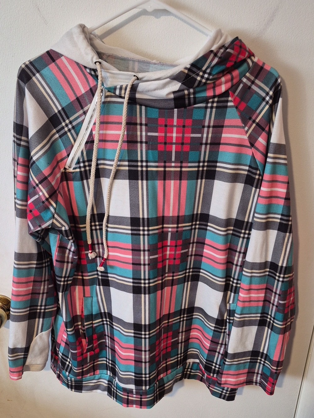 Source Unknown Plaid Cowl-Neck Sweater in Pink & Teal